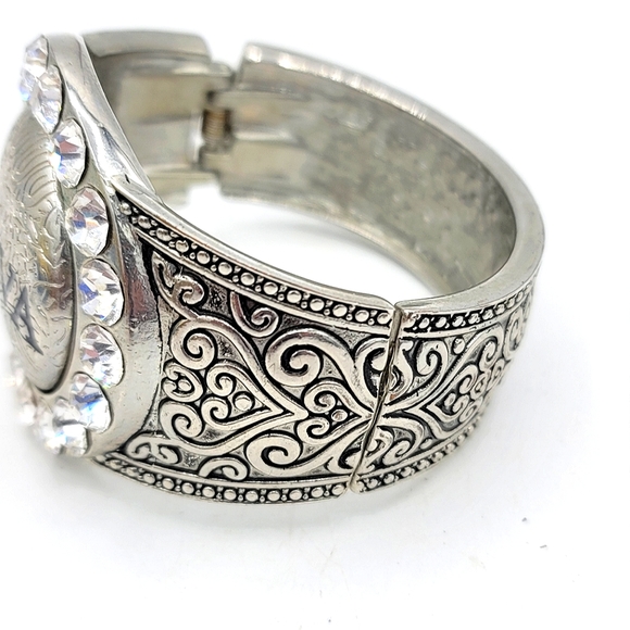 Diva Rhinestone Engraved Statement Wide Cuff Spring Bangle Bracelet - Picture 6 of 9